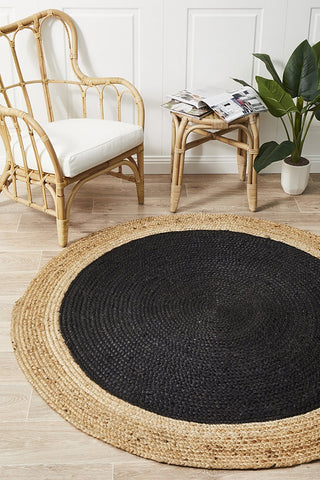 Costa Oro Round Jute Black Rug