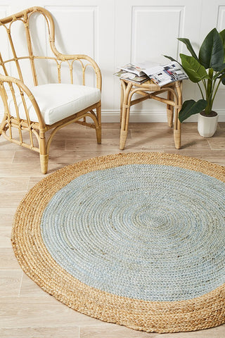 Costa Oro Round Jute Blue Rug